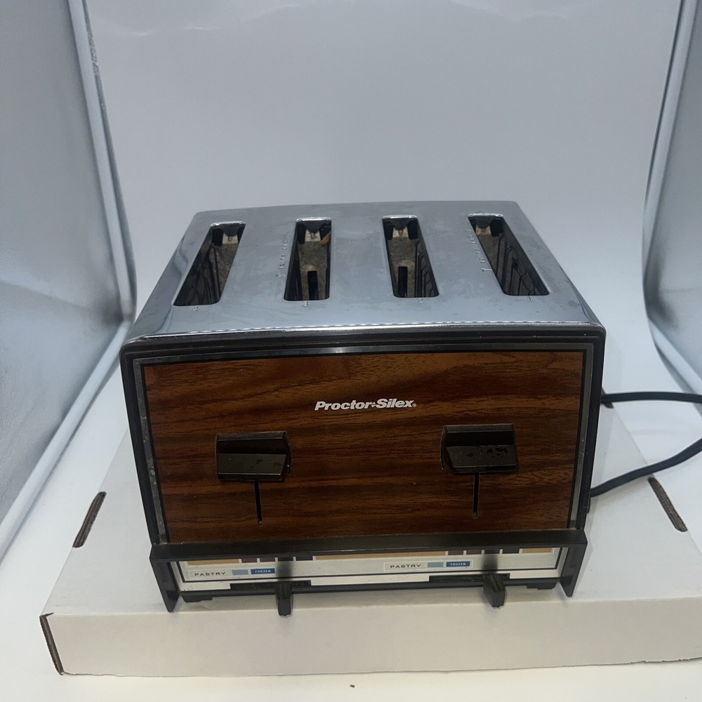 Vintage Proctor Silex Chrome Wood Grain Toaster T009N 1650 Watts 4 Slice Tested